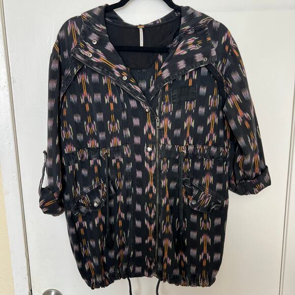 Free People Ikat Print Hooded Utility Jacket Black Cotton Boho Lagenlook - Picture 2 of 15